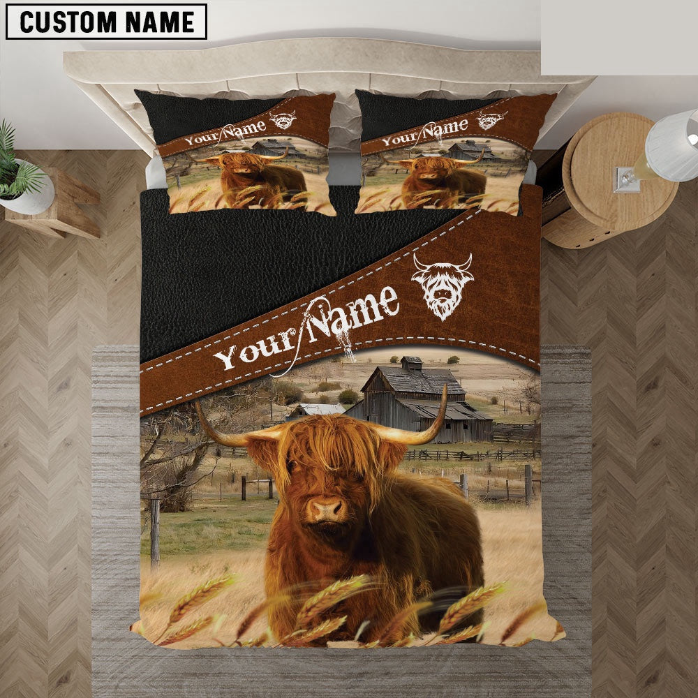 Highland Cattle On The Field Customized Name Bedding Set, Farm Bedding Set, Farmhouse Bedding Set