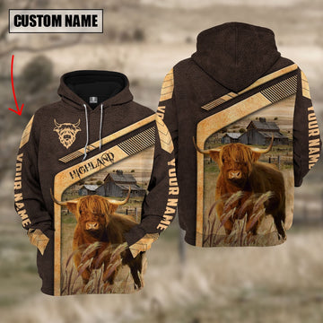 Highland Cattle On The Meadow Custom Name Hoodie, Farmer Hoodie, Custom Farm Shirts, Farmer T Shirt