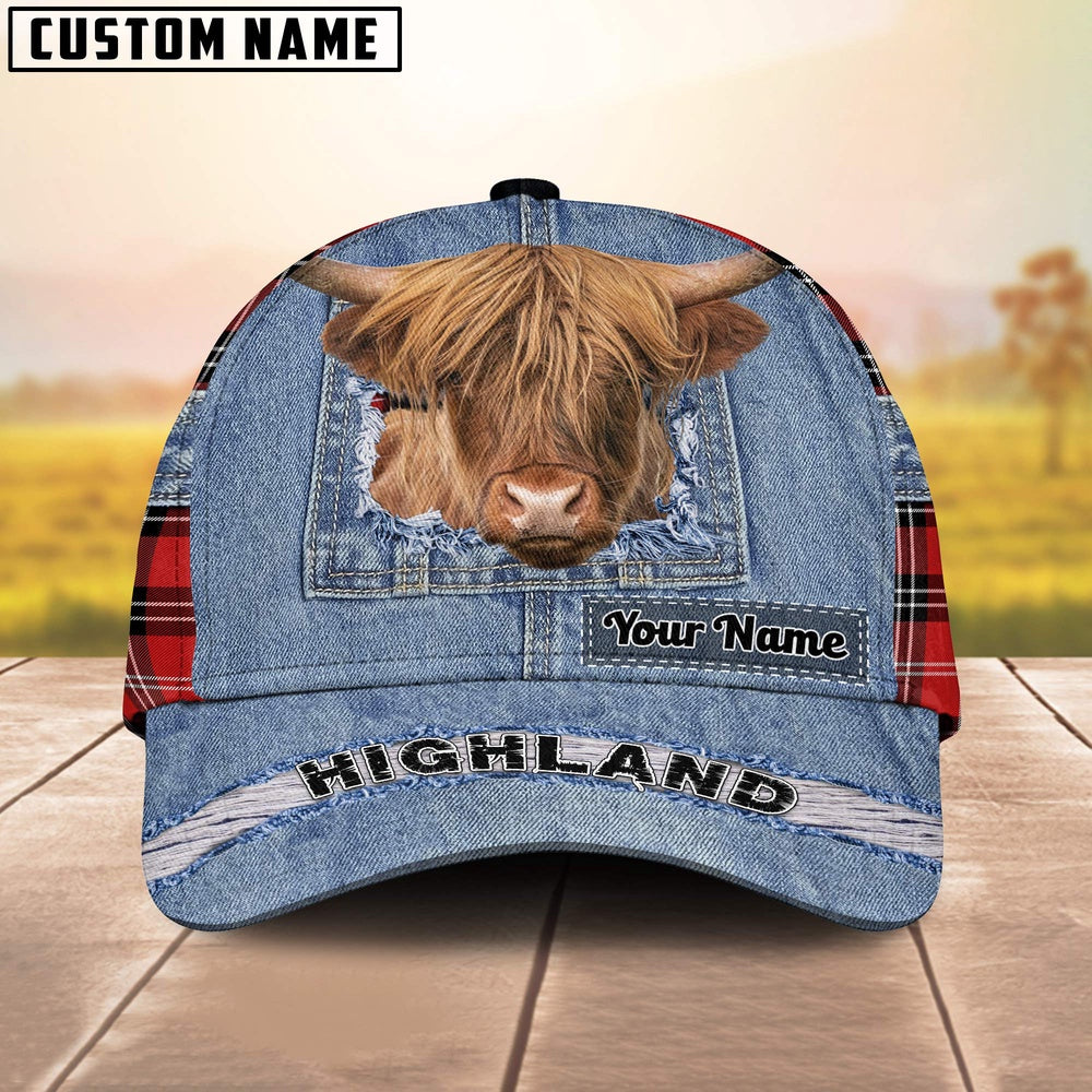 Highland Cattle Overall Jeans Pattern And Red Caro Pattern Customized Name Cap, Farmer Cap, Cap For Farmers, Best Farm Hat, Farm Use Hat