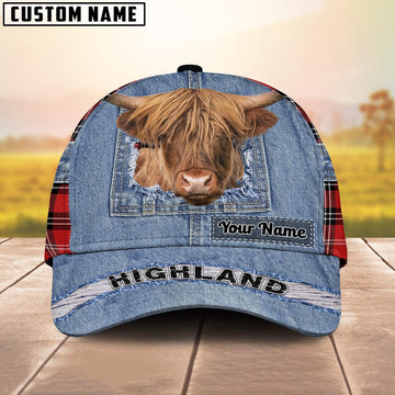 Highland Cattle Overall Jeans Pattern And Red Caro Pattern Customized Name Cap, Farmer Cap, Cap For Farmers, Best Farm Hat, Farm Use Hat
