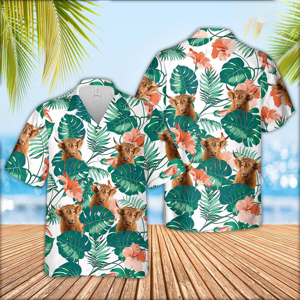 Highland Cattle Pattern 3D Men Hawaiian Shirt, Farm Hawaiian Shirt, Farmer Hawaii