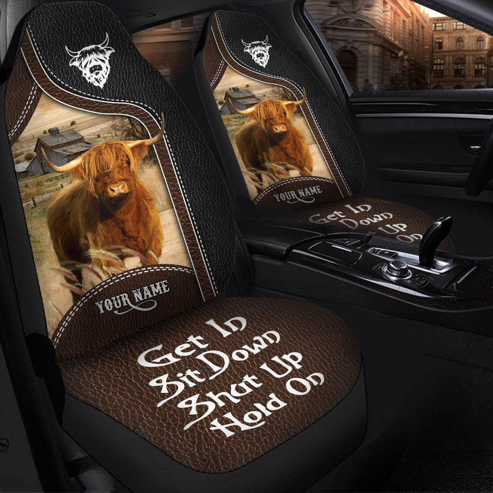 Highland Cattle Personalized Name Black And Brown Leather Pattern Car Seat Cover, Car Seat Cover, Farm Car Seat Cover, Pet Seat Covers