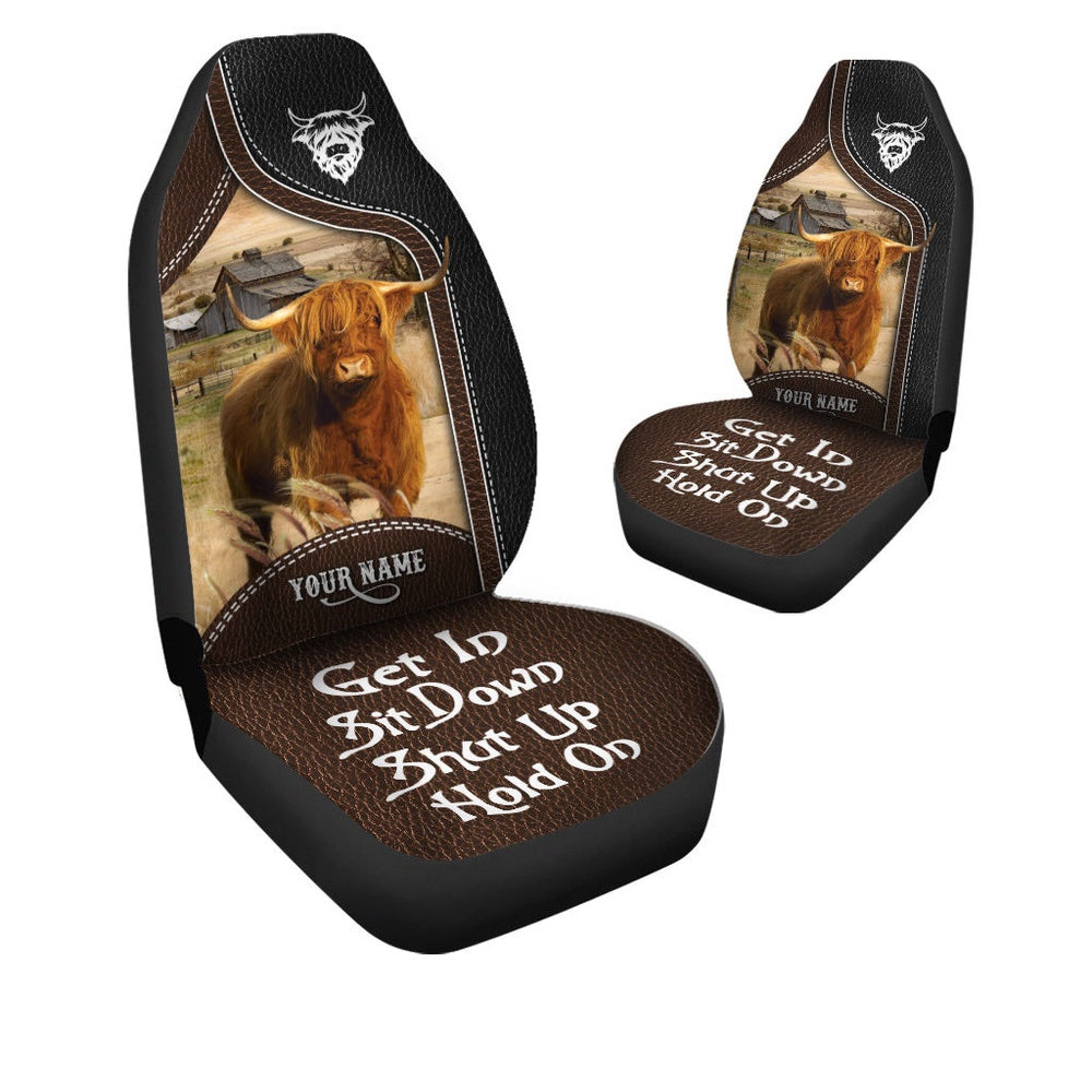 Highland Cattle Personalized Name Black And Brown Leather Pattern Car Seat Cover, Car Seat Cover, Farm Car Seat Cover, Pet Seat Covers