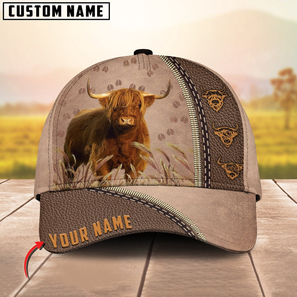 Highland Cattle Personalized Name Brown Leather Pattern Cap, Farmer Cap, Cap For Farmers, Best Farm Hat, Farm Use Hat