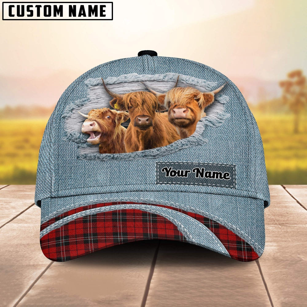Highland Cattle Red Caro And Jeans Pattern Customized Name Cap, Farmer Cap, Cap For Farmers, Best Farm Hat, Farm Use Hat