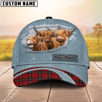Highland Cattle Red Caro And Jeans Pattern Customized Name Cap, Farmer Cap, Cap For Farmers, Best Farm Hat, Farm Use Hat