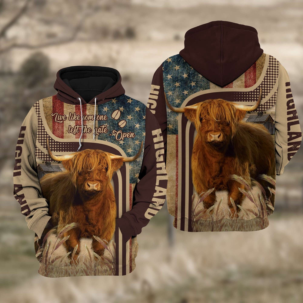 Highland Cattle US Flag All Over Printed Cattle Hoodie TT1, Farmer Hoodie, Farm Themed Shirts, Farm Tee Shirts