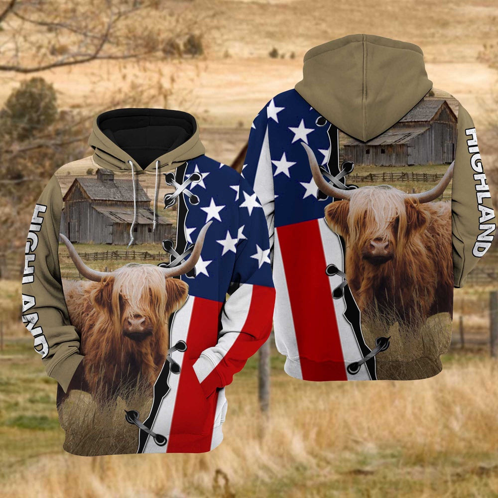 Highland Cattle US Flag All Over Printed Hoodie, Farmer Hoodie, Farm Themed Shirts, Farm Tee Shirts