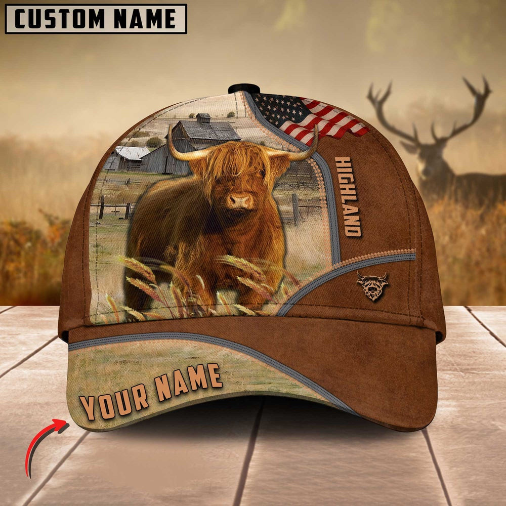 Highland Cattle US Flag Customized Name Brown Cap, Farmer Cap, Cap For Farmers, Best Farm Hat, Farm Use Hat