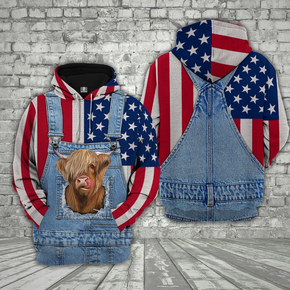 Highland Cattle US Flag Farm Personalized 3D Hoodie, Farmer Hoodie, Custom Farm Shirts, Farmer T Shirt