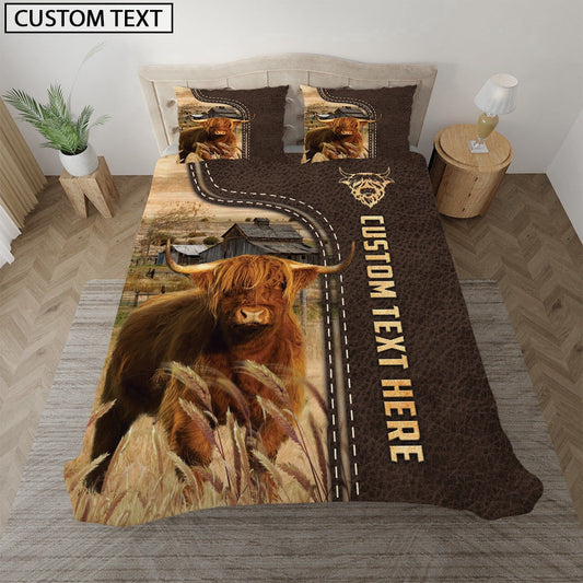 Highland Custom Text Leather Pattern Bedding Set, Farm Bedding Set, Farmhouse Bedding Set
