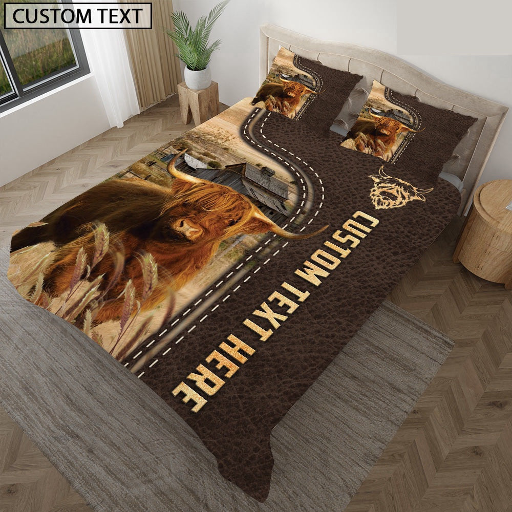 Highland Custom Text Leather Pattern Bedding Set, Farm Bedding Set, Farmhouse Bedding Set