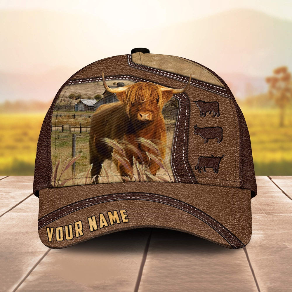 Highland Customized Name Brown Leather Pattern Cap, Farmer Cap, Cap For Farmers, Best Farm Hat, Farm Use Hat
