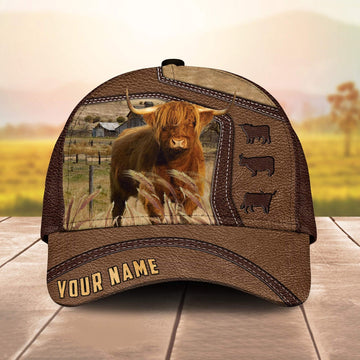 Highland Customized Name Brown Leather Pattern Cap, Farmer Cap, Cap For Farmers, Best Farm Hat, Farm Use Hat