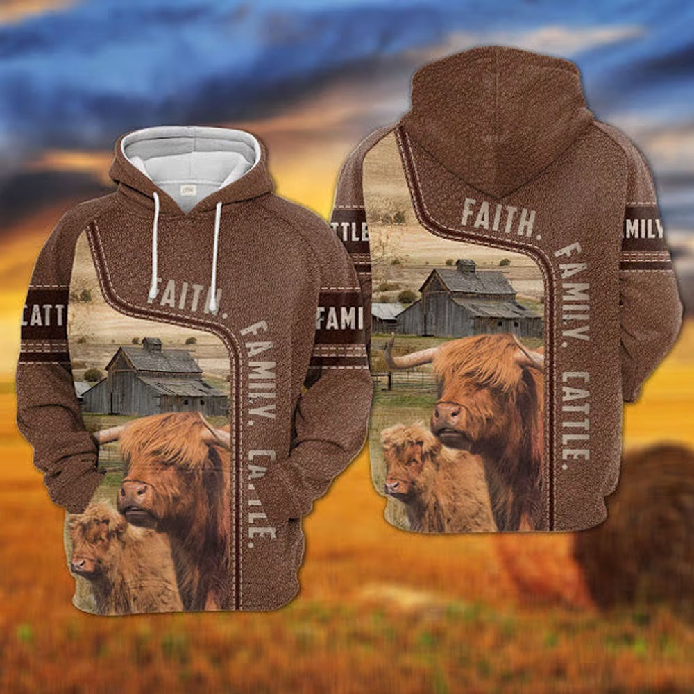 Highland Faith Family Cattle Personalized 3D Hoodie, Farmer Hoodie, Custom Farm Shirts, Farmer T Shirt