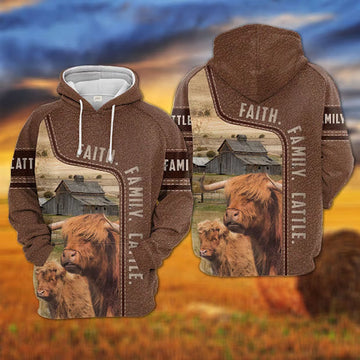 Highland Faith Family Cattle Personalized 3D Hoodie, Farmer Hoodie, Custom Farm Shirts, Farmer T Shirt