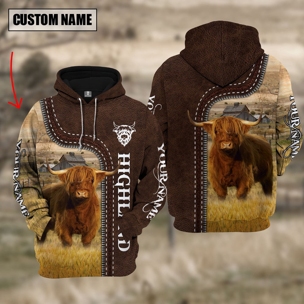 Highland Farming Leather Pattern Personalized 3D Hoodie, Farmer Hoodie, Custom Farm Shirts, Farmer T Shirt