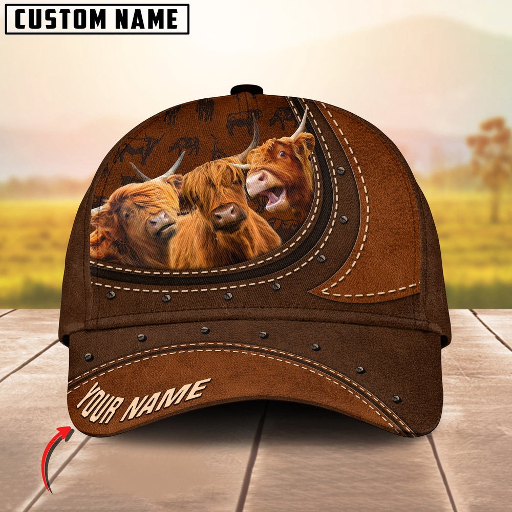 Highland Happiness Leather Pattern Art Customized Name Cap, Farmer Cap, Cap For Farmers, Best Farm Hat, Farm Use Hat