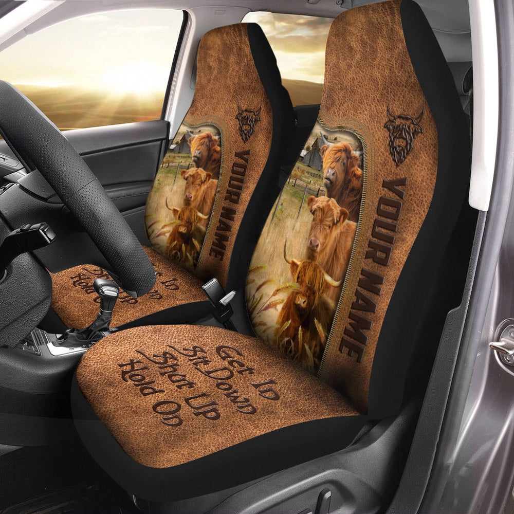 Highland Happiness Personalized Name Leather Pattern Car Seat Cover, Car Seat Cover, Farm Car Seat Cover, Pet Seat Covers