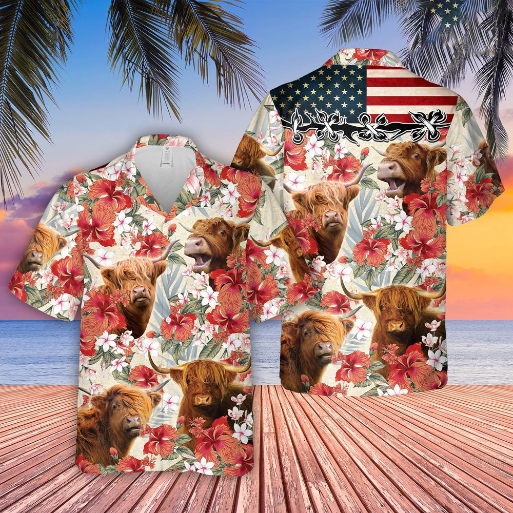 Highland Hibicus Floral US Flag Hawaiian Shirt, Farm Hawaiian Shirt, Farmer Hawaii