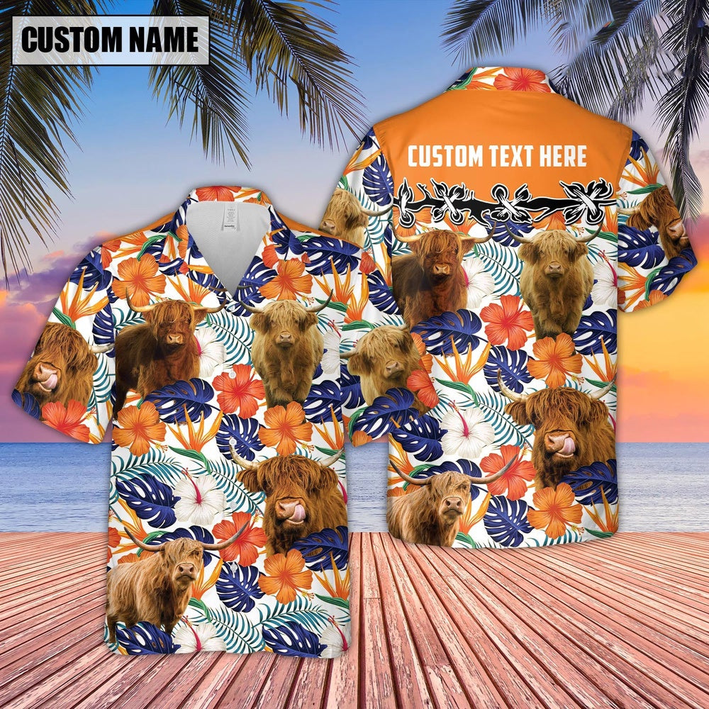 Highland Hibiscus Blue Floral Custom Name Hawaiian Shirt, Farm Hawaiian Shirt, Farmer Hawaii