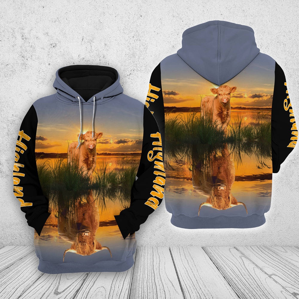 Highland In The Sunset Shirts, Farmer Hoodie, Farm Themed Shirts, Farm Tee Shirts