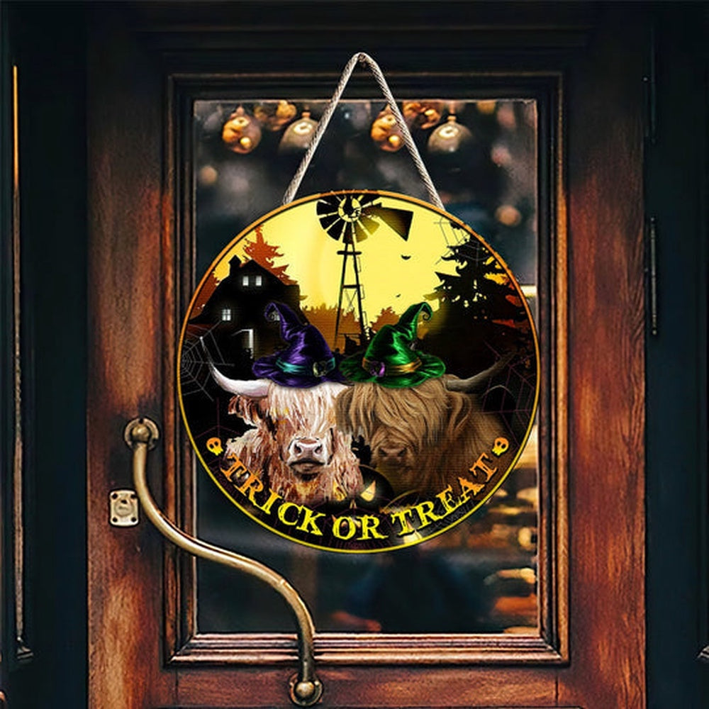 Highland In Trick Or Treat Happy Halloween Wooden Sign, Farm Wood Sign, Farm House Wood Signs