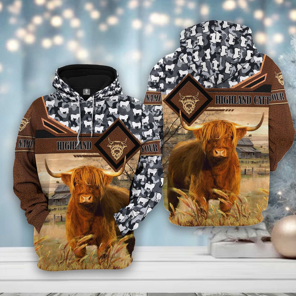 Highland Leather Camo Pattern on Farm All Over Printed Hoodie, Farmer Hoodie, Farm Themed Shirts, Farm Tee Shirts