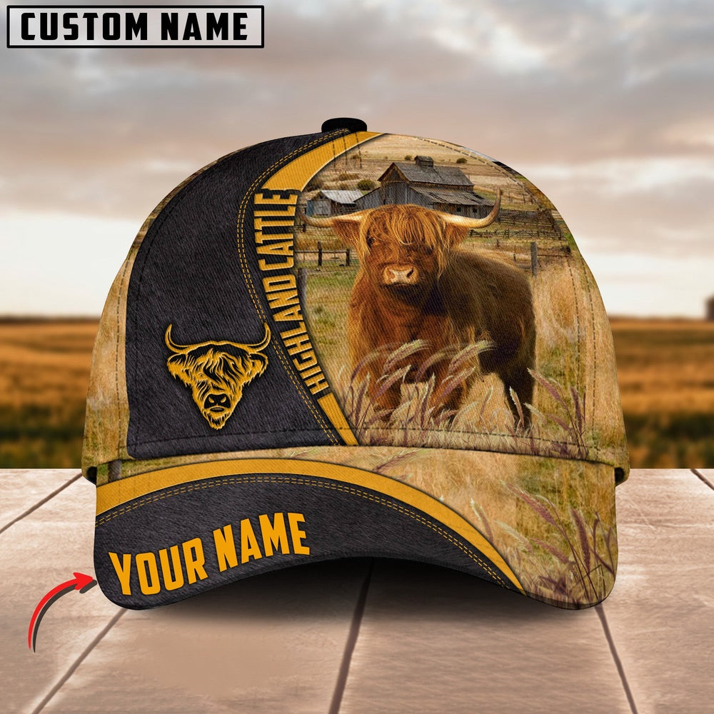 Highland On Farm Black Yellow Leather Pattern Customized 3D Cap, Farmer Cap, Cap For Farmers, Best Farm Hat, Farm Use Hat