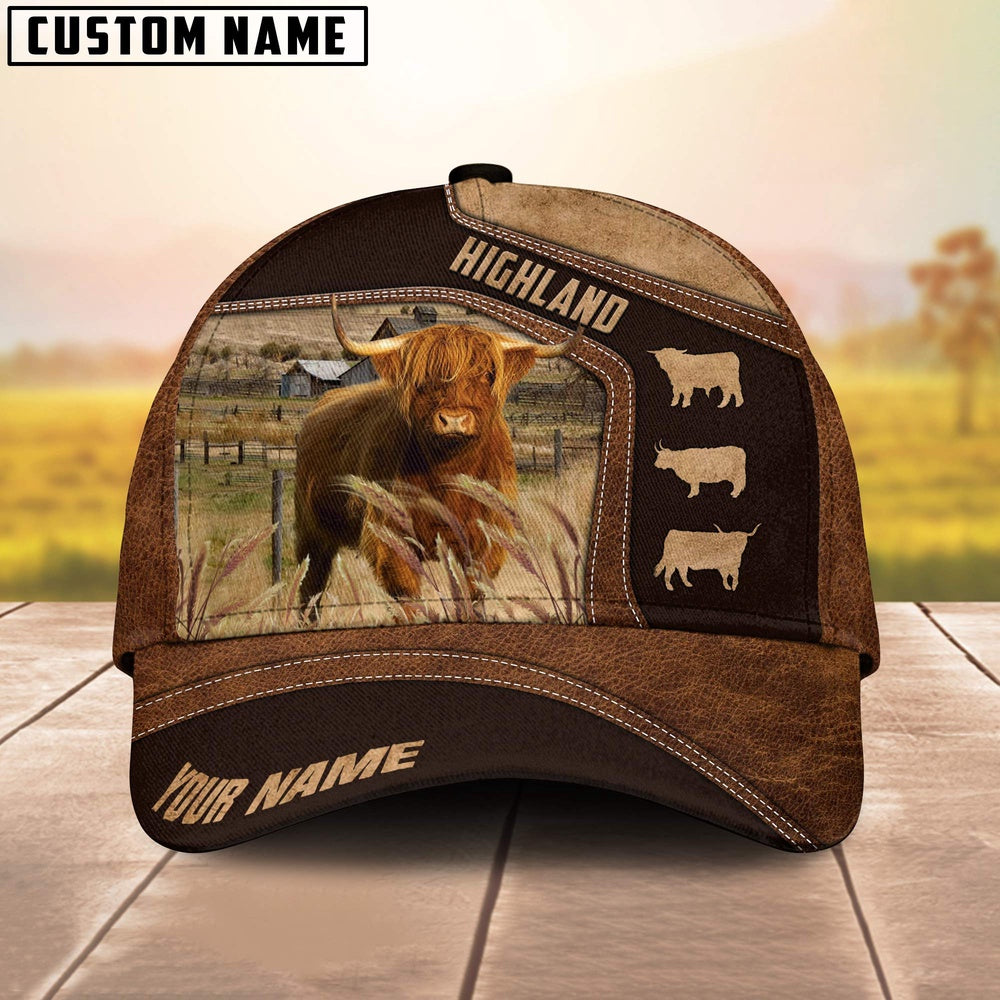 Highland On Farm Brown Leather Pattern Customized 3D Cap, Farmer Cap, Cap For Farmers, Best Farm Hat, Farm Use Hat