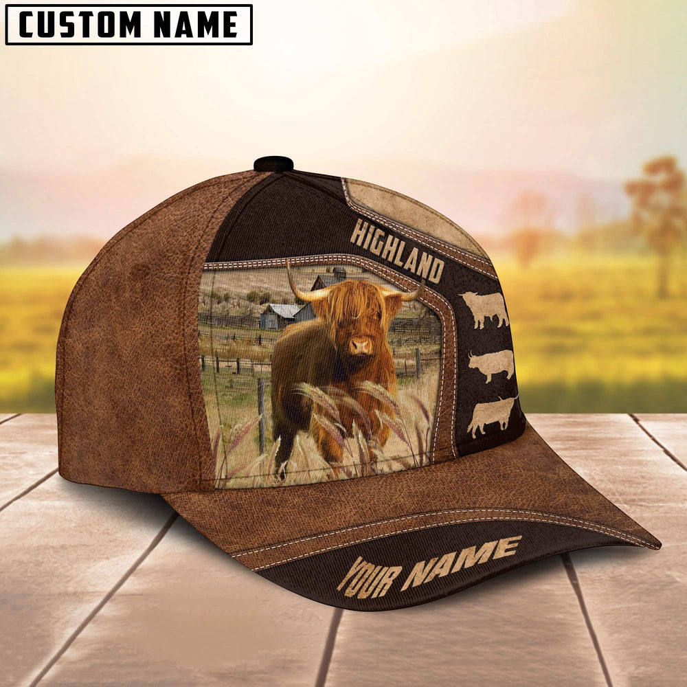 Highland On Farm Brown Leather Pattern Customized 3D Cap, Farmer Cap, Cap For Farmers, Best Farm Hat, Farm Use Hat