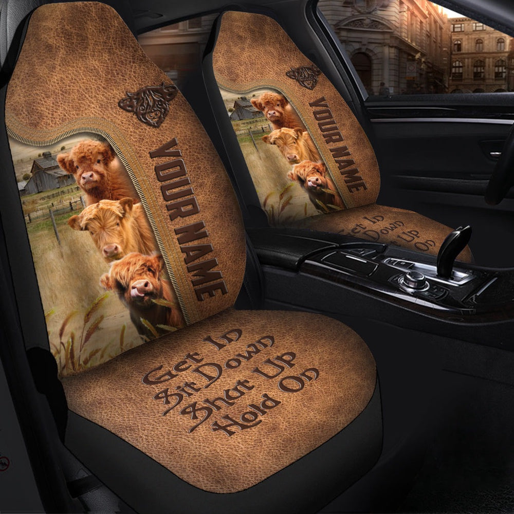 Highland Personalized Name Leather Pattern Car Seat Cover For Customer, Car Seat Cover, Farm Car Seat Cover, Pet Seat Covers
