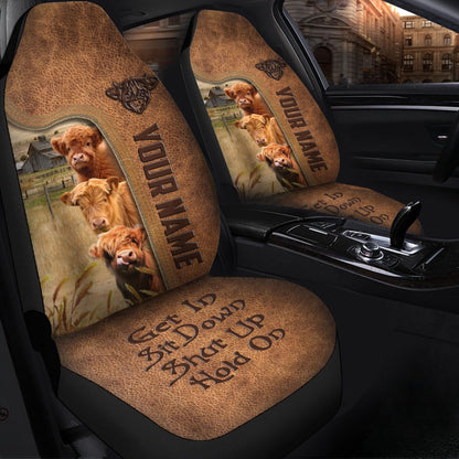 Highland Personalized Name Leather Pattern Car Seat Cover For Customer, Car Seat Cover, Farm Car Seat Cover, Pet Seat Covers