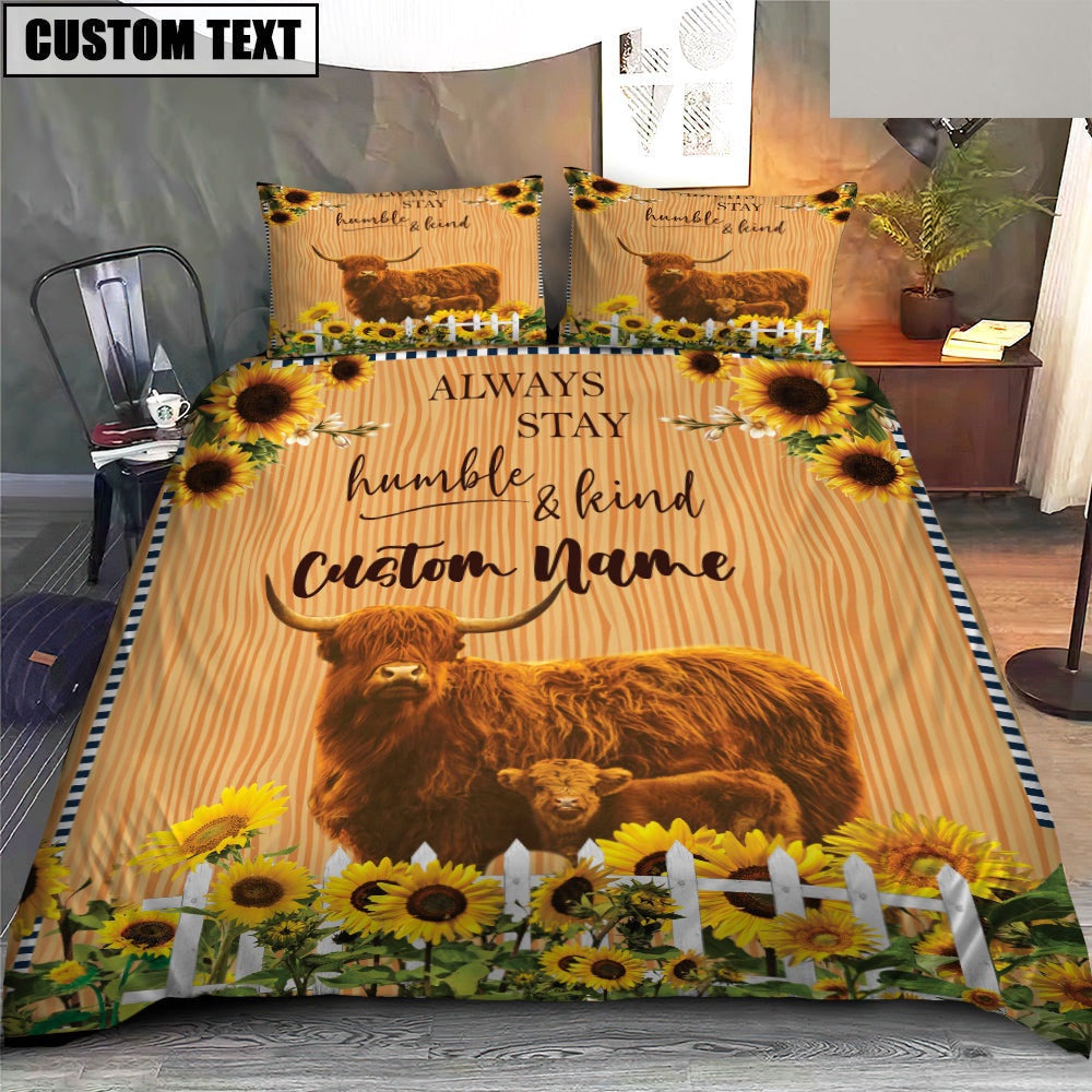Highland Stay Humble And Kind Custom Name Bedding Set, Farm Bedding Set, Farmhouse Bedding Set