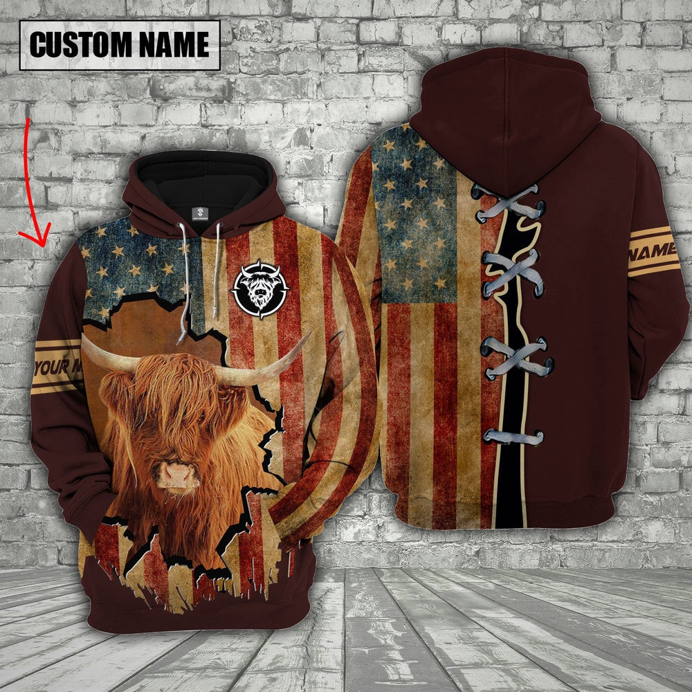 Highland US Flag Retro Personalized 3D Hoodie, Farmer Hoodie, Custom Farm Shirts, Farmer T Shirt