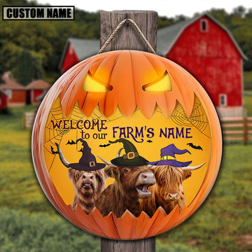 Highland Welcome To Our Farm Pumpkin Pattern Happy Halloween Wooden Sign, Farm Wood Sign, Farm House Wood Signs