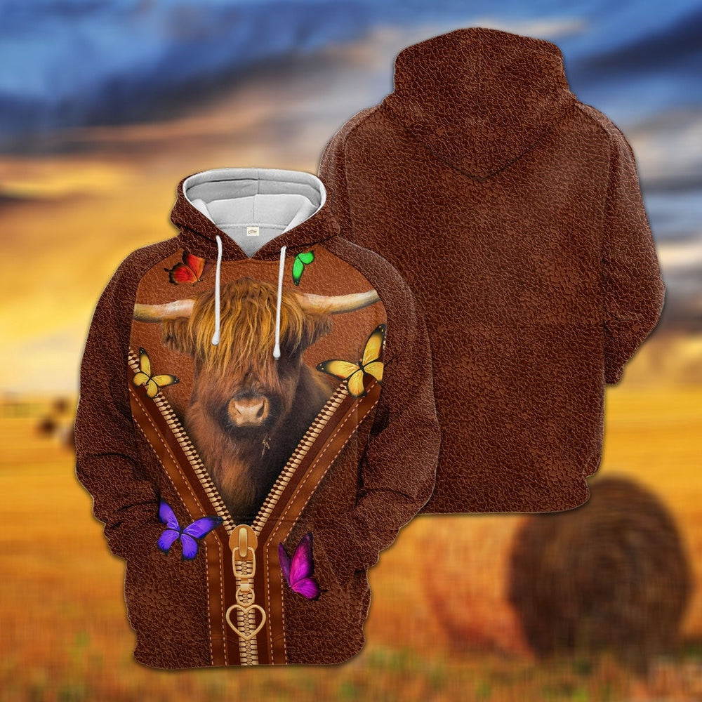 Highland Zipper Sewing To Leather Hoodie, Farmer Hoodie, Farm Themed Shirts, Farm Tee Shirts
