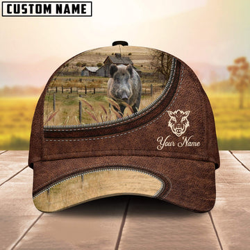 Hogs On The Farm Customized Name Leather Pattern Cap, Farmer Cap, Cap For Farmers, Best Farm Hat, Farm Use Hat