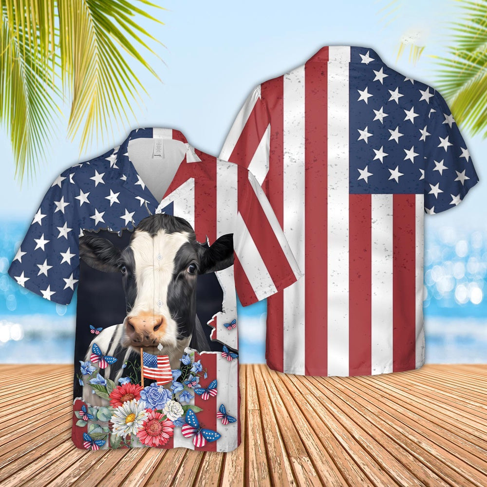 Holstein 4th of July Hawaiian Shirt, Farm Hawaiian Shirt, Farmer Hawaii