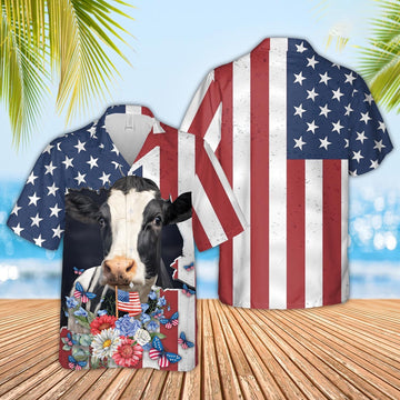 Holstein 4th of July Hawaiian Shirt, Farm Hawaiian Shirt, Farmer Hawaii