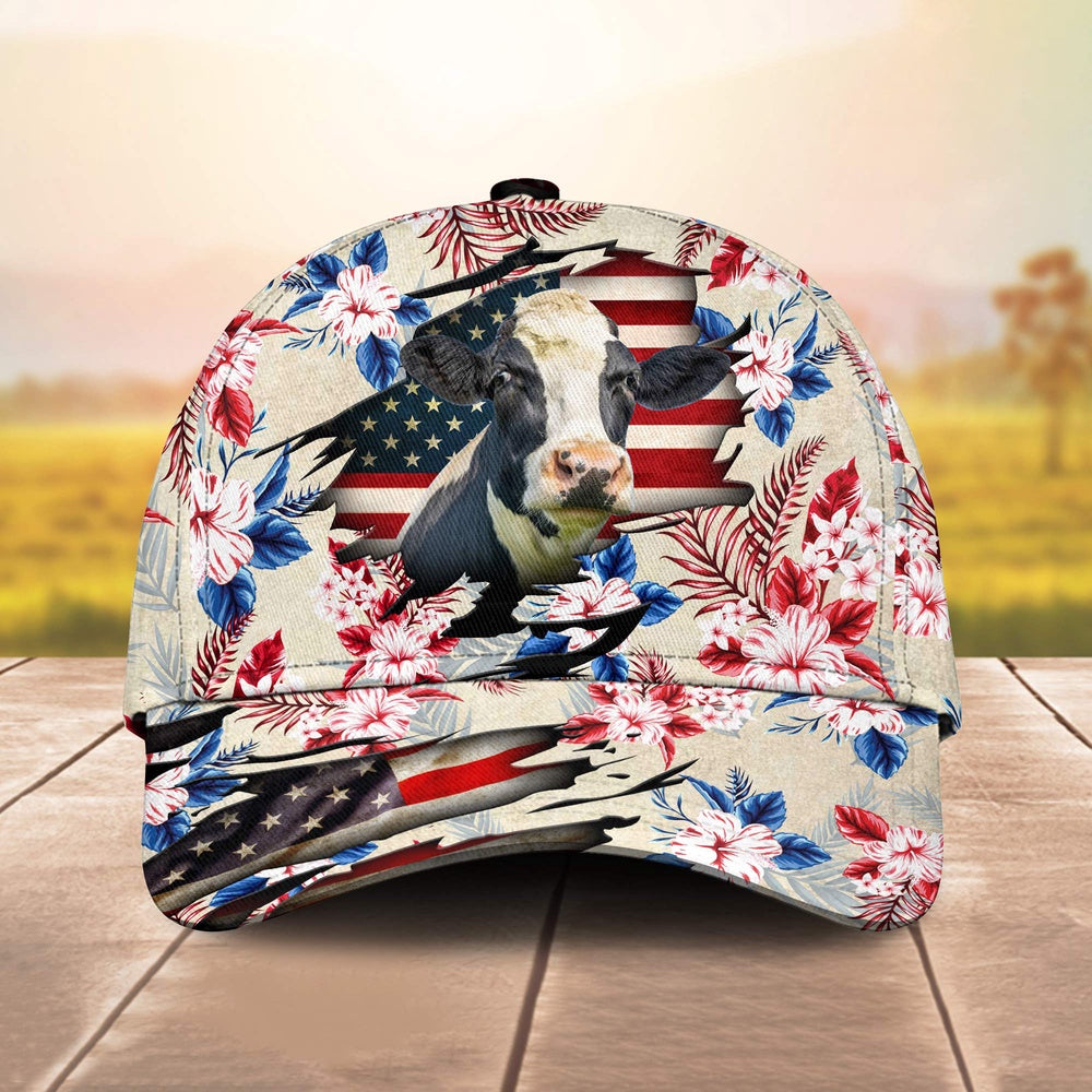 Holstein American Flag Flowers Pattern Cap, Farmer Cap, Vintage Farmer Hat, Mens Farmer Hats, Cap For Farmers