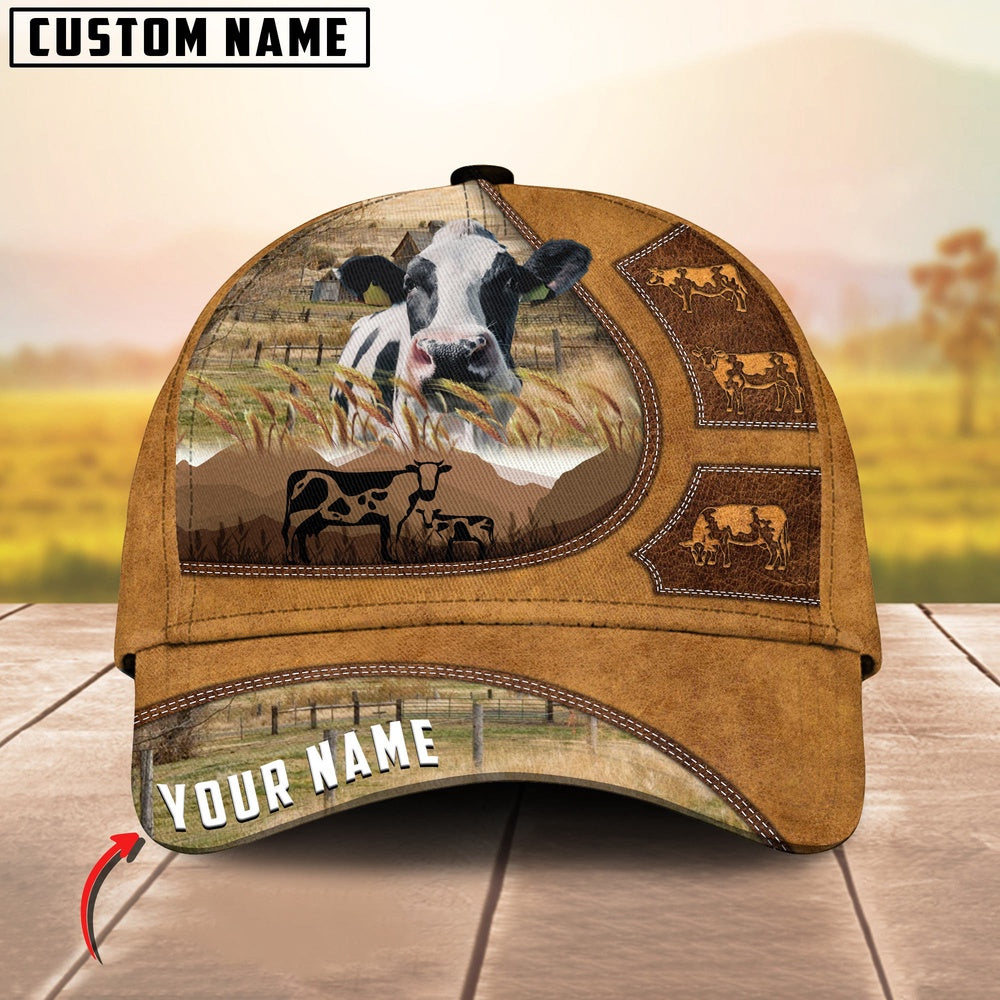 Holstein Art On Farm Yellow Leather Pattern Customized 3D Cap, Farmer Cap, Cap For Farmers, Best Farm Hat, Farm Use Hat