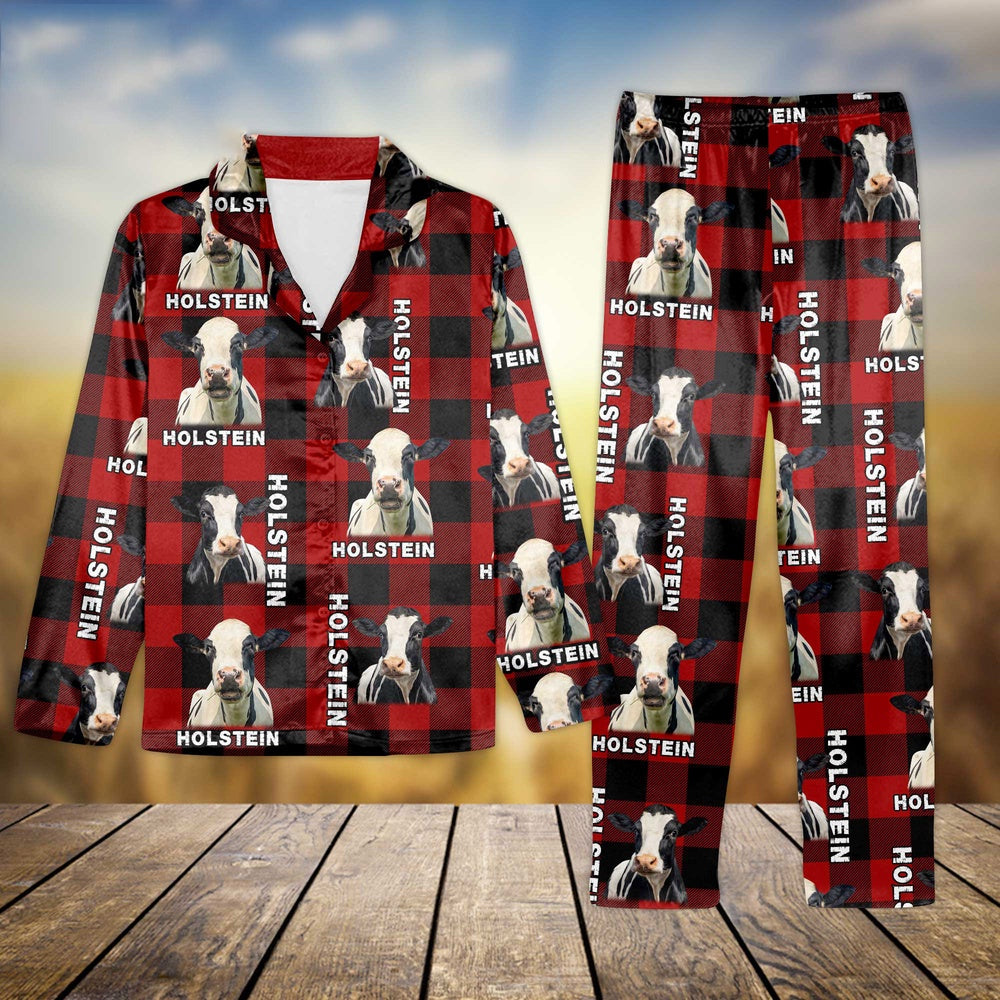 Holstein Caro Pattern All Over Print Pajamas Sets, Farm Pajamas, Farm Animal Pajamas, Christmas Farm Pajamas