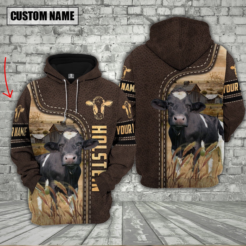 Holstein Cattle Brown Leather Personalized 3D Hoodie, Farmer Hoodie, Custom Farm Shirts, Farmer T Shirt