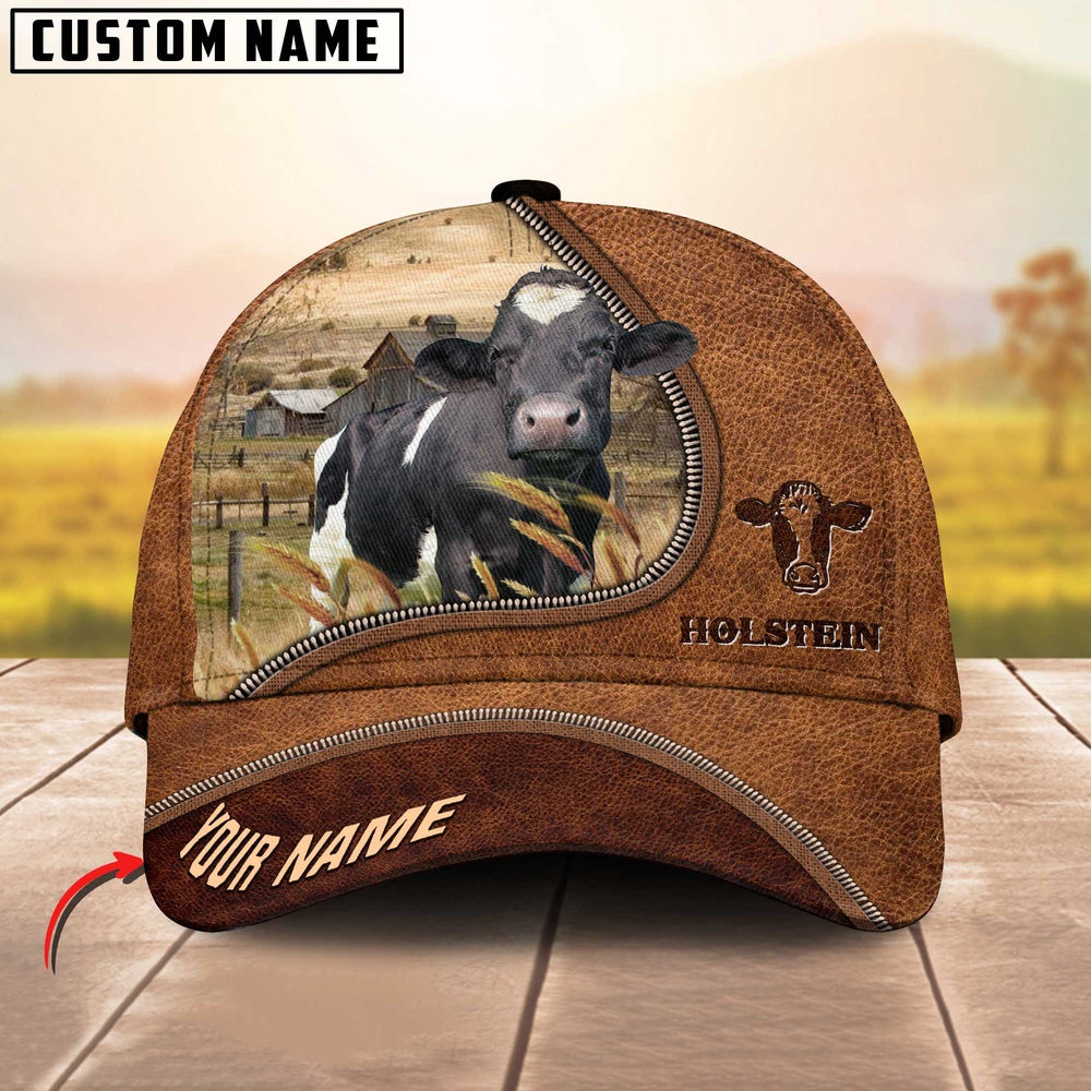 Holstein Cattle Brown Leather Zip Pattern Customized Name Cap, Farmer Cap, Cap For Farmers, Best Farm Hat, Farm Use Hat