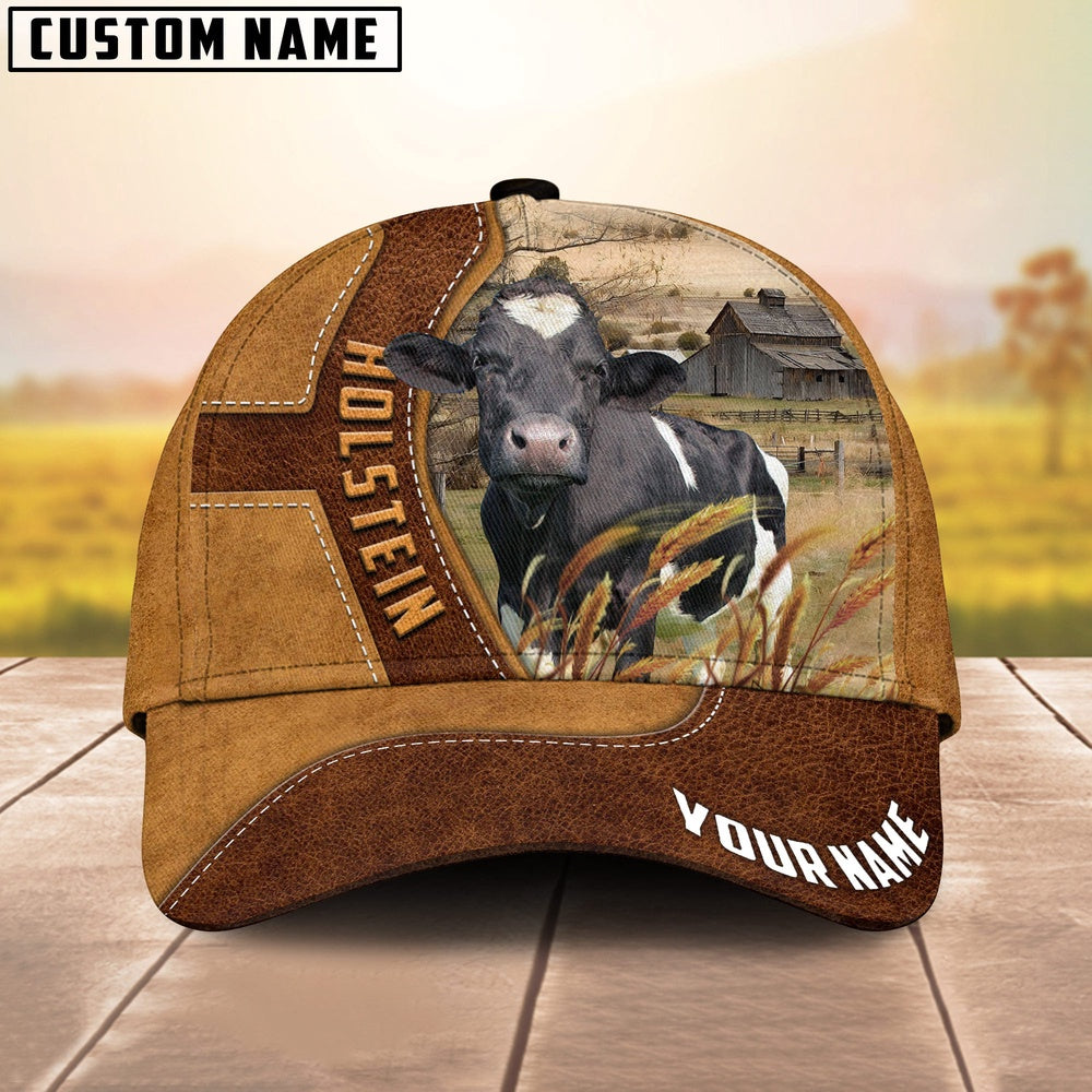 Holstein Cattle Customized Name Brown Leather Pattern Cap, Farmer Cap, Cap For Farmers, Best Farm Hat, Farm Use Hat