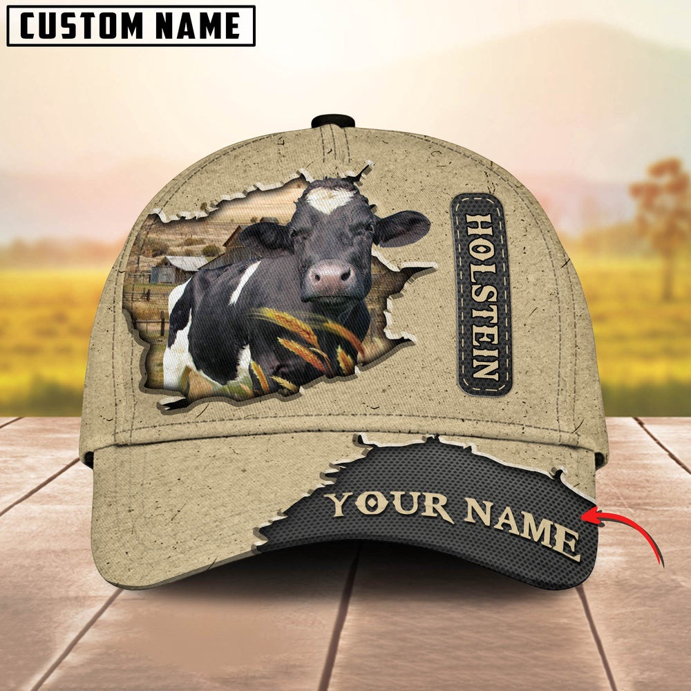 Holstein Cattle Customized Name Khaki Leather Pattern Cap, Farmer Cap, Cap For Farmers, Best Farm Hat, Farm Use Hat