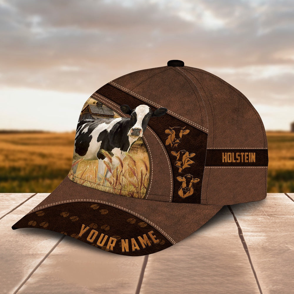 Holstein Cattle Leather Pattern Customized Name Cap, Farmer Cap, Cap For Farmers, Best Farm Hat, Farm Use Hat