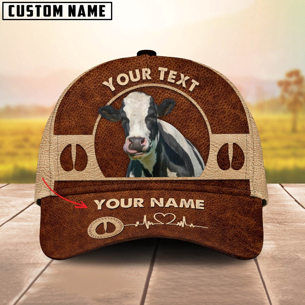 Holstein Cattle Personalized Name Brown Leather Pattern Cap, Farmer Cap, Cap For Farmers, Best Farm Hat, Farm Use Hat