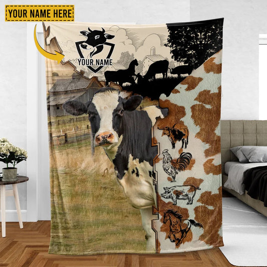 Holstein Cattle Personalized Name Feather Pattern Blanket, Farm Blanket, Farm Animal Blanket